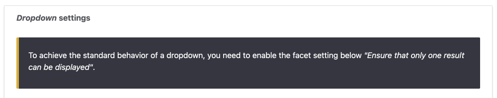 facet dropdown widget settings warning message