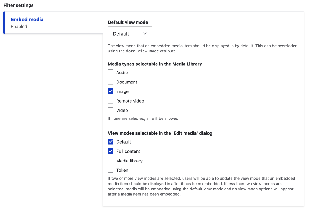 media filter settings with default and full content view modes selectable