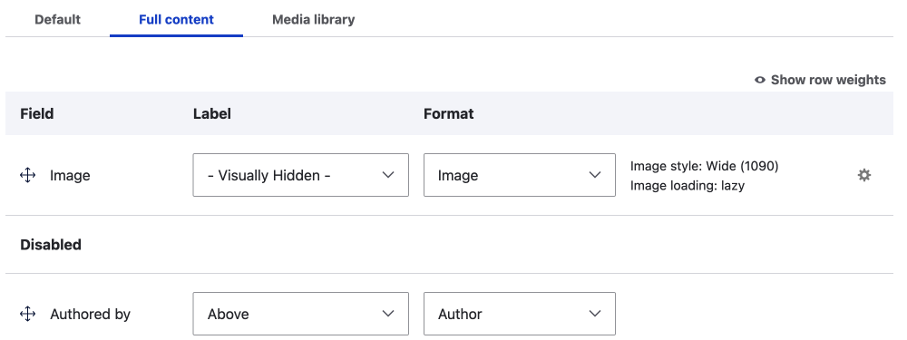 full content view mode fields and format set up UI