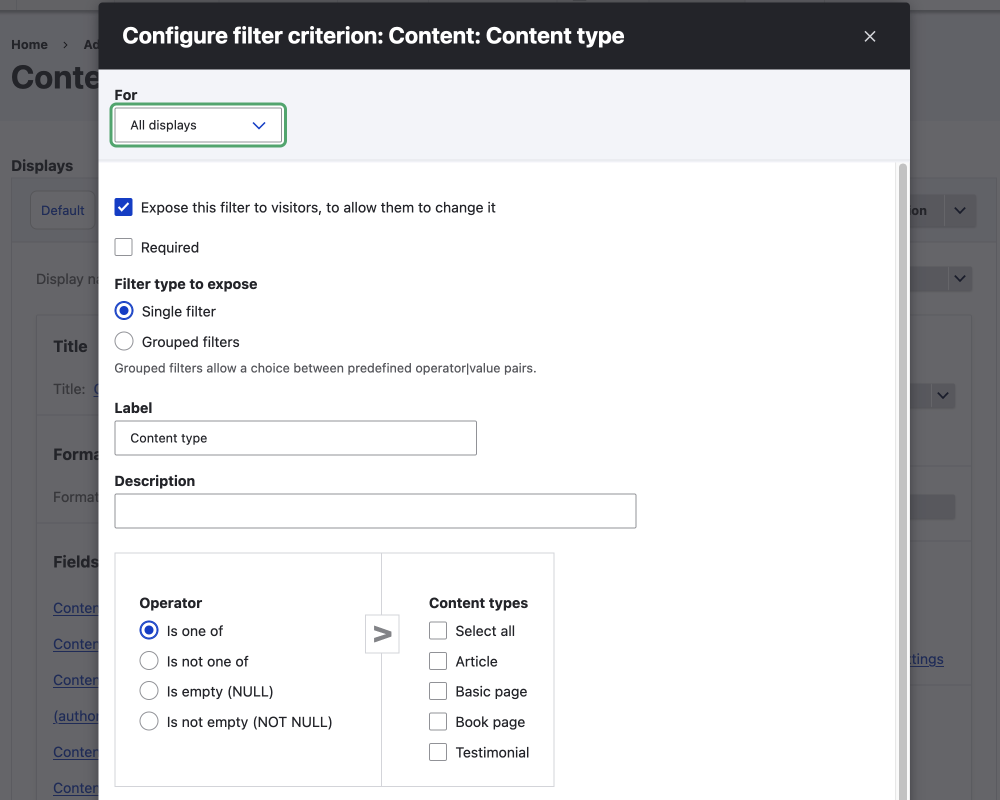 content type filter criteria exposed filter UI