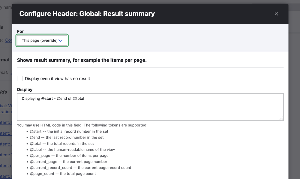 drupal views result summary configuration tokens