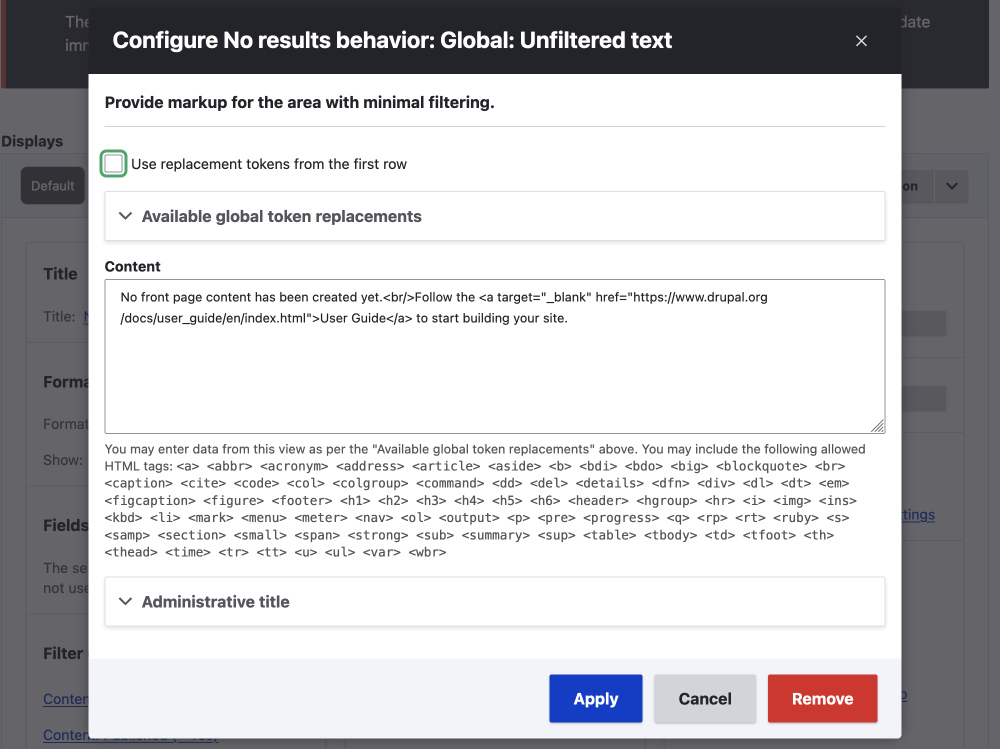 no results behaviour setting dialog modal configuration