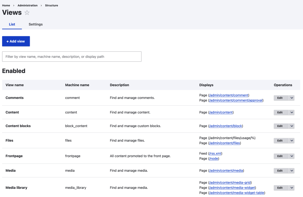 Drupal Views overview of all views dashboard