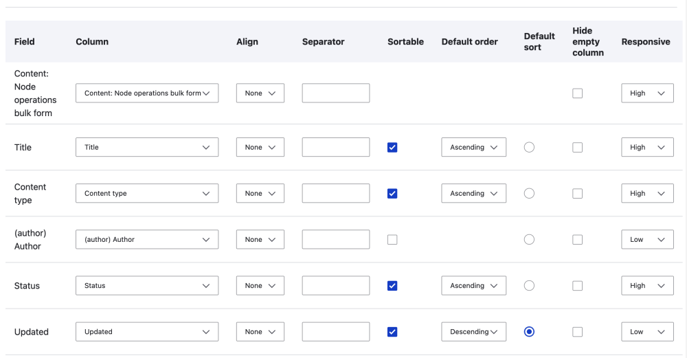 drupal views table display settings UI showiwing sort