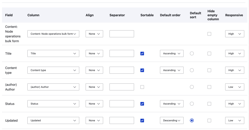 drupal views table display settings UI showiwing sort 