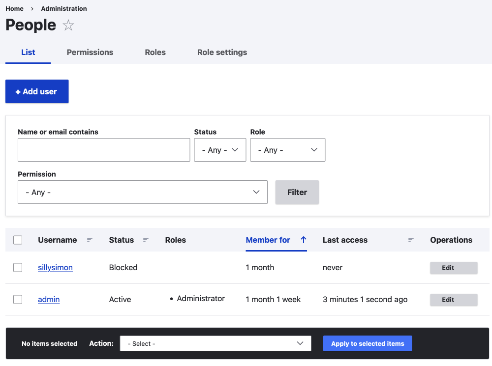 people administration dashboard page in Drupal