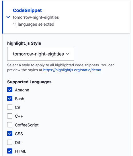 Drupal 9 CK editor code snippets configuration setting in