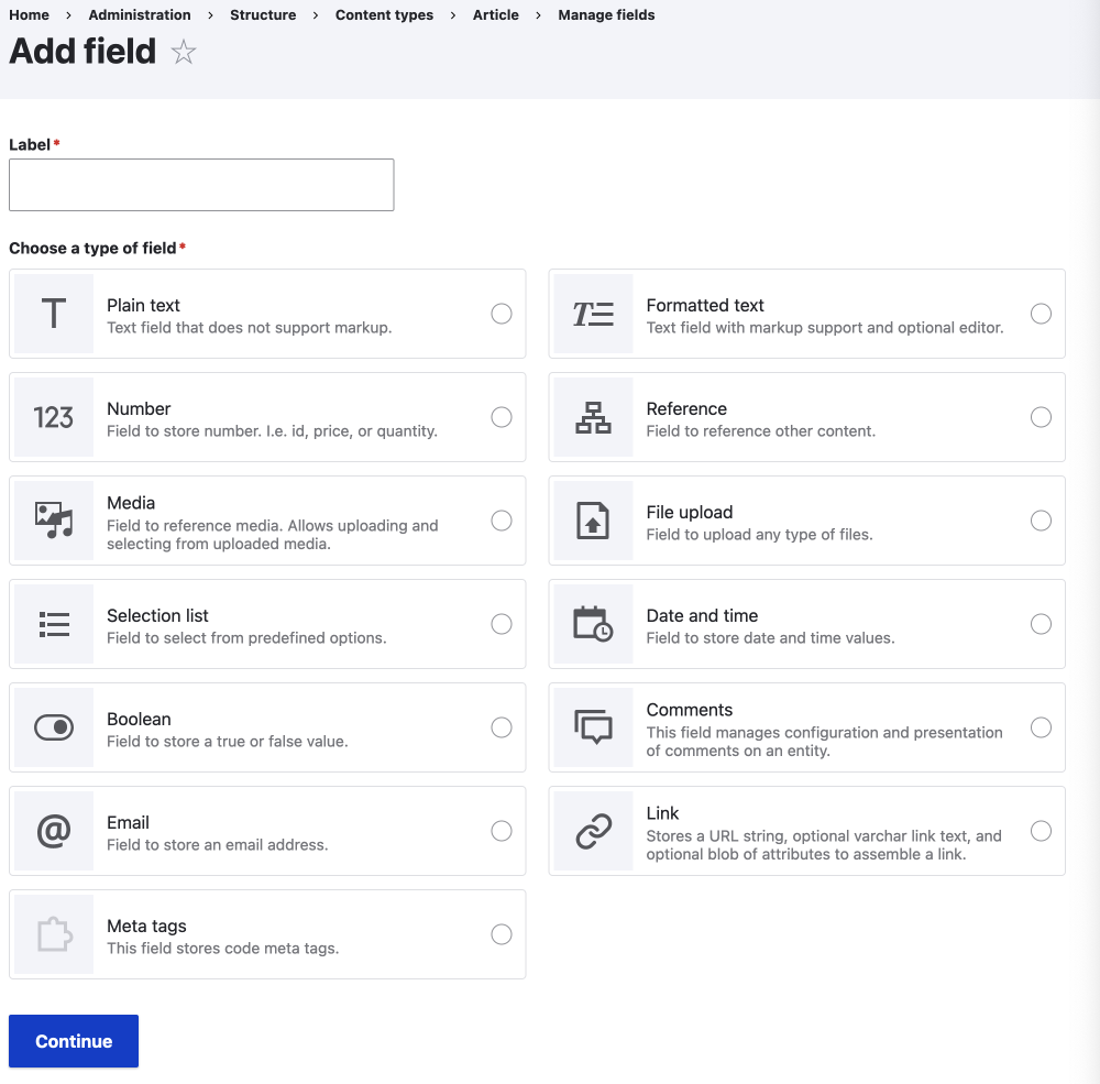 drupal default field types in the add the add field UI