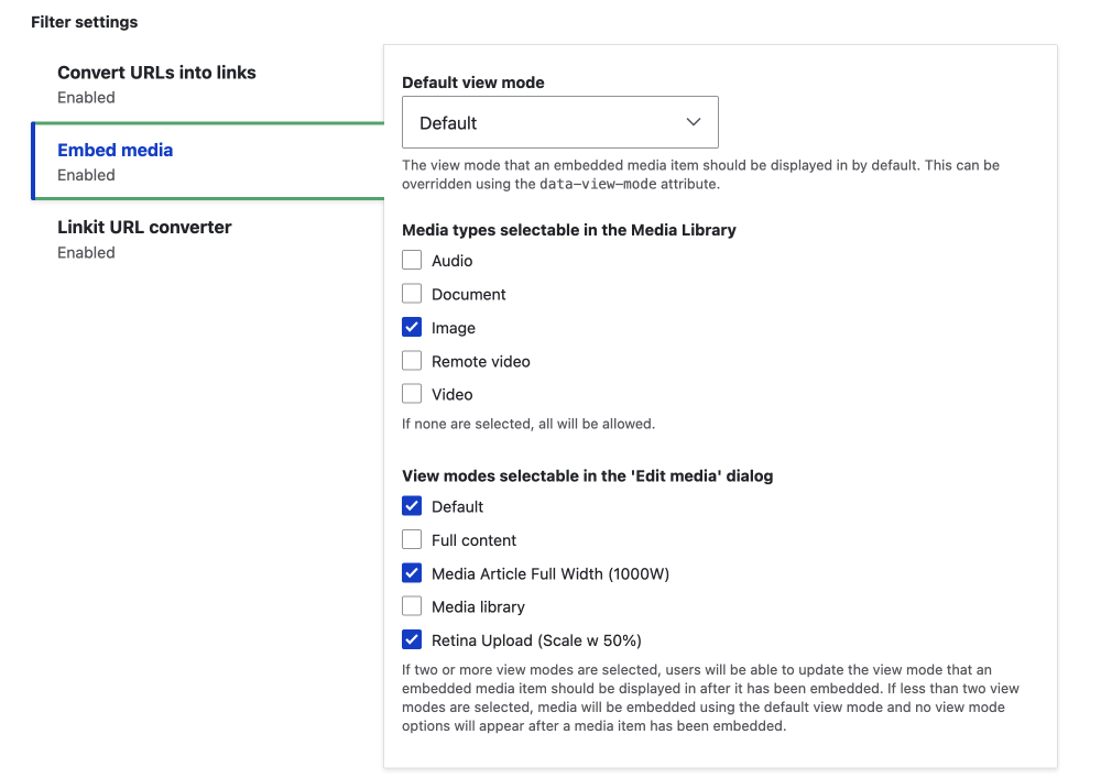 text format embeded media configuration of view modes section