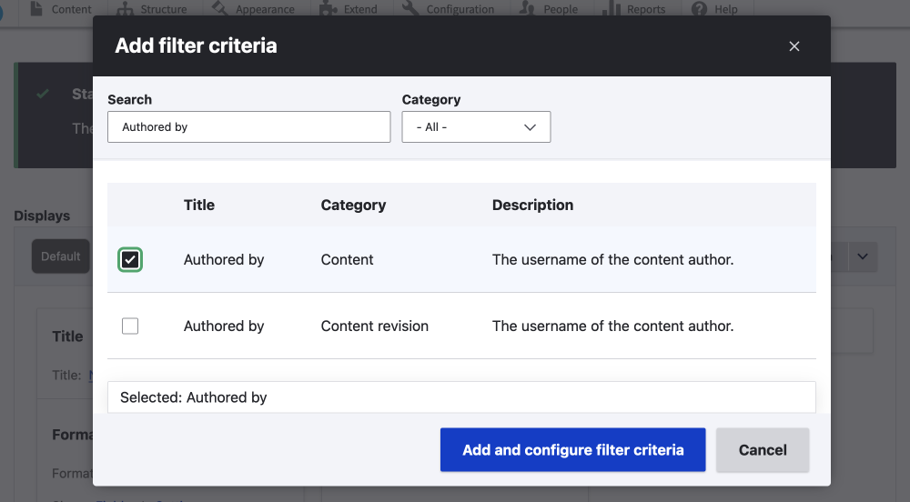 add filter criteria authored by