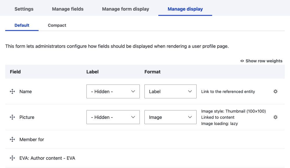 manage display author profile with EVA field