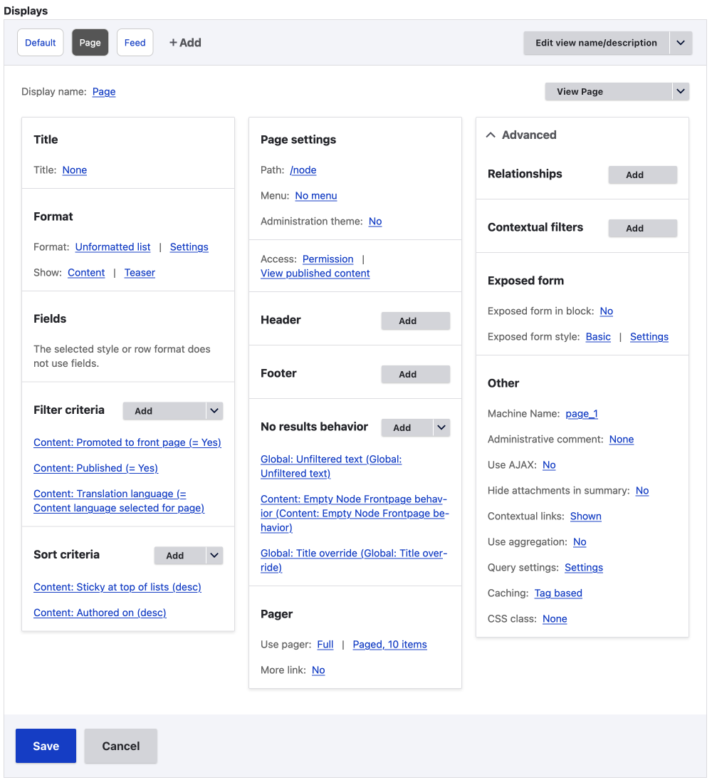 drupal views default frontpage display configuration