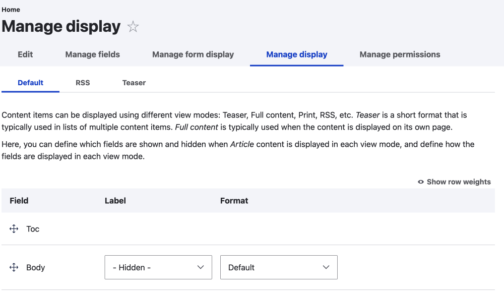 drupal content type manage display tab