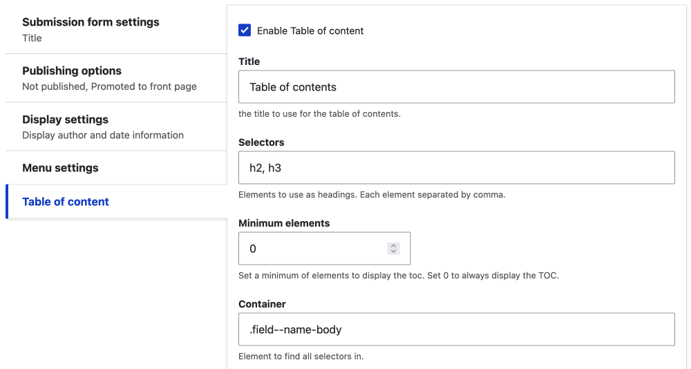 enable table of content checkbox on content type configuration page