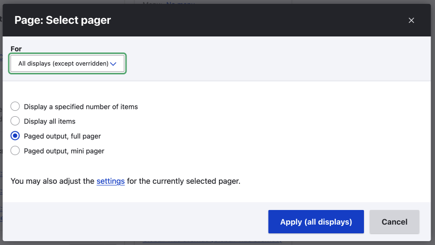 pager settings option in Drupal views UI