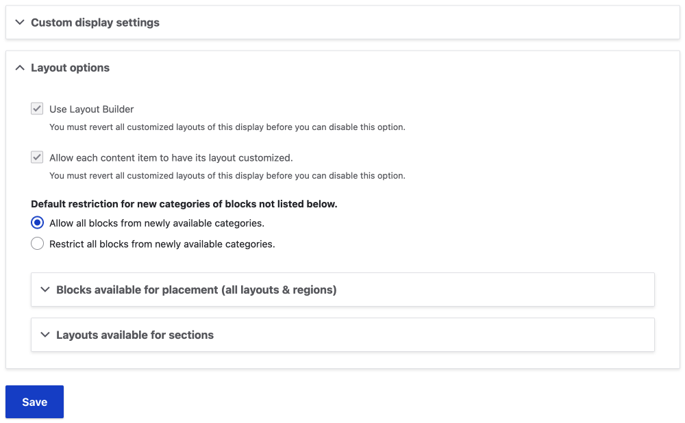 layout options section with layout builder restrictions options