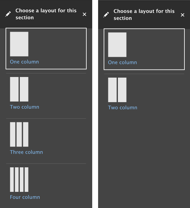 layouts for sections before and after configuration