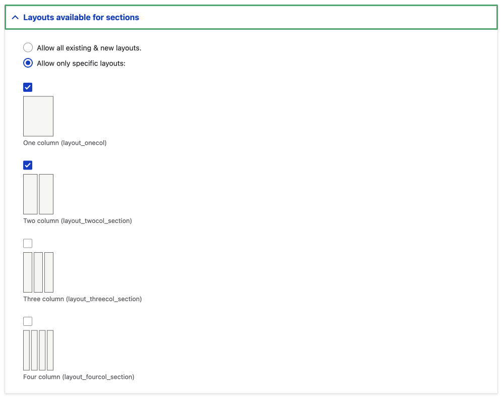 restrict layouts for sections UI with checkboxes