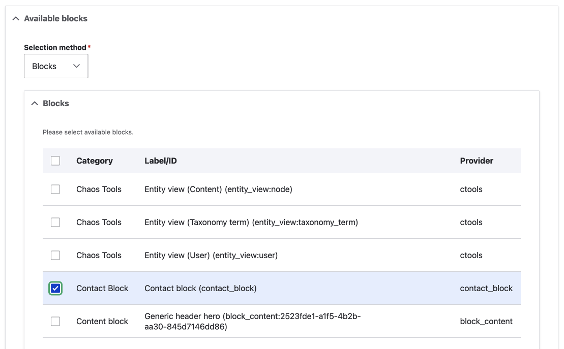 selecting available blocks block field module UI