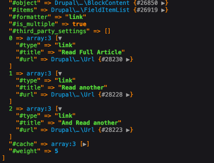 the 3 links with the properties and values for each link