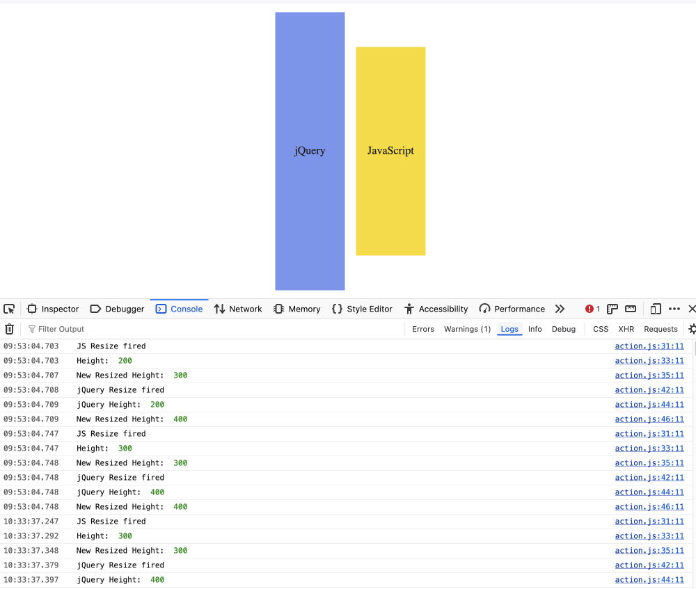 resize run in browser illustration of elments and console