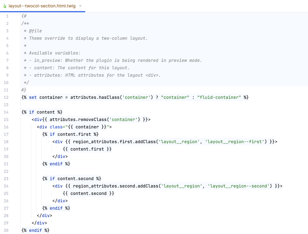 code of two col layout section showing regions - Drupal layout builder