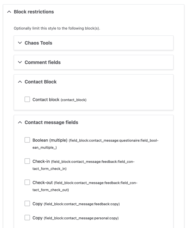 block restrictions on the setting page, check boxes are used to set restriction to one or multiple blocks