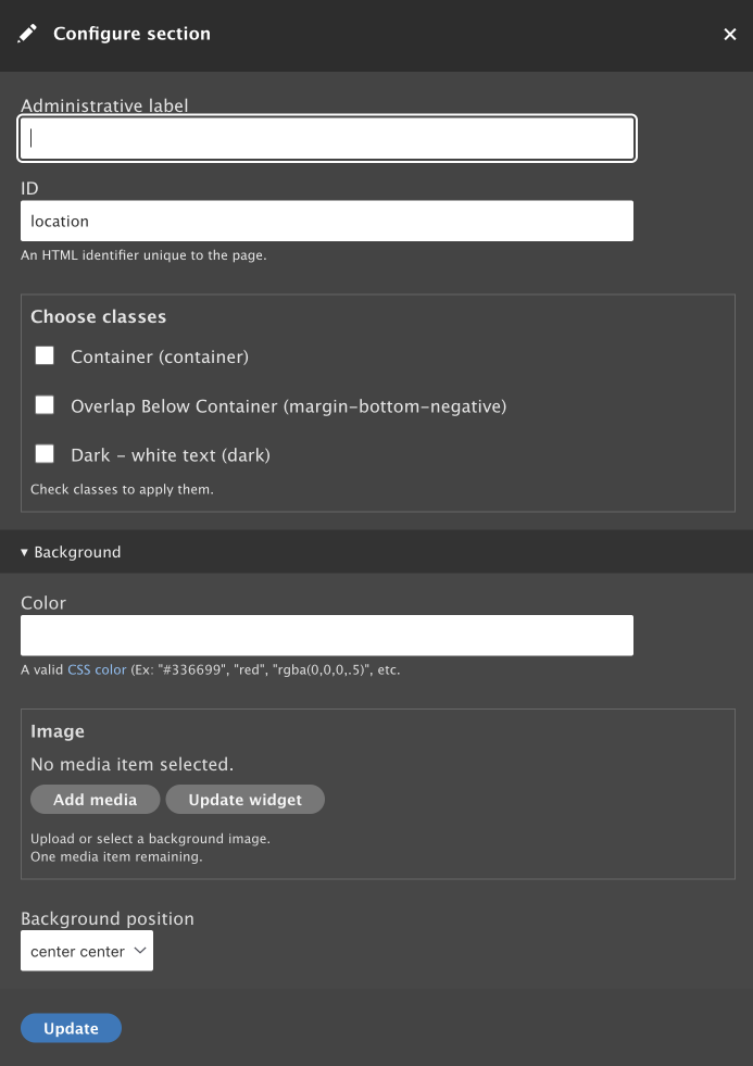 layout builder backgroud form in the configure section UI