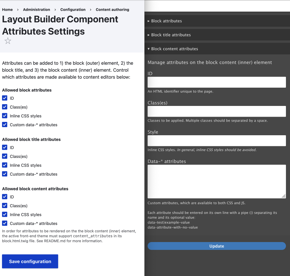 layout builder component attributes settings page and UI add edit interface