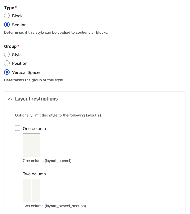 section layout restrictions options with check boxes