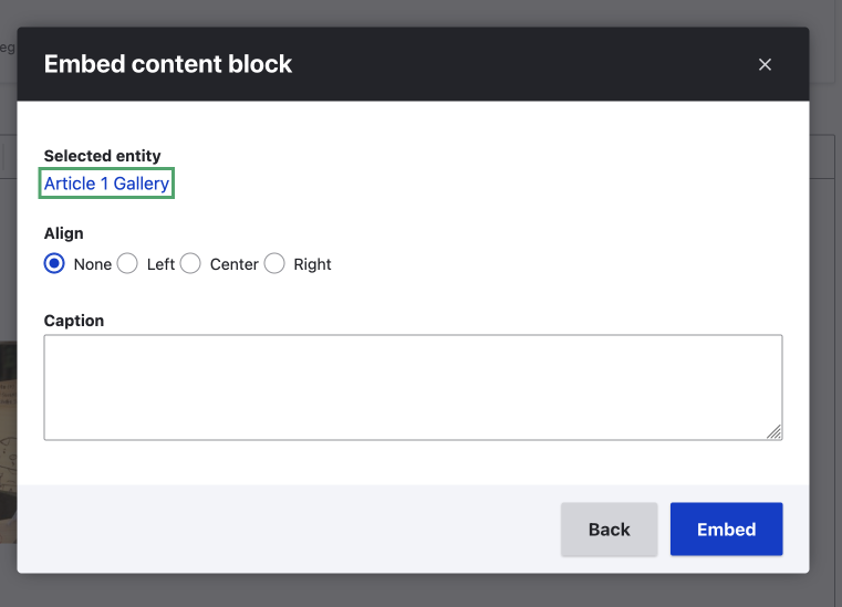 embed content block modal