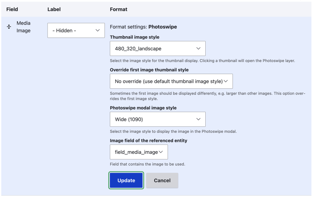 photoswipe field format options drupal