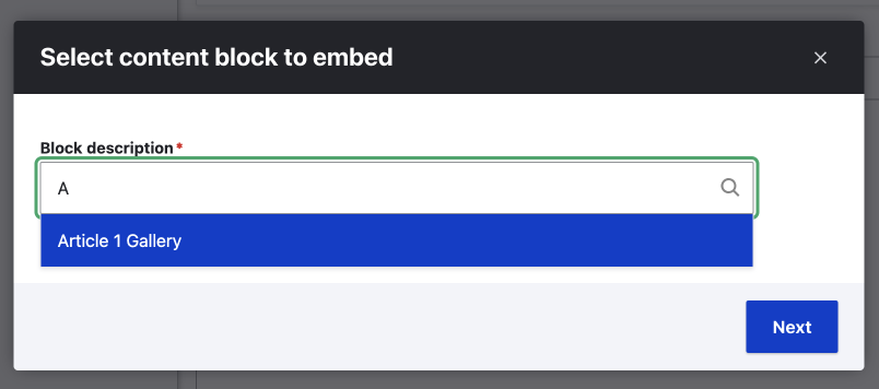 select content block entity embed modal