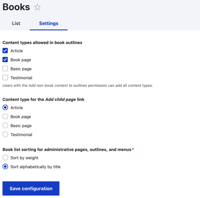 book module setting page