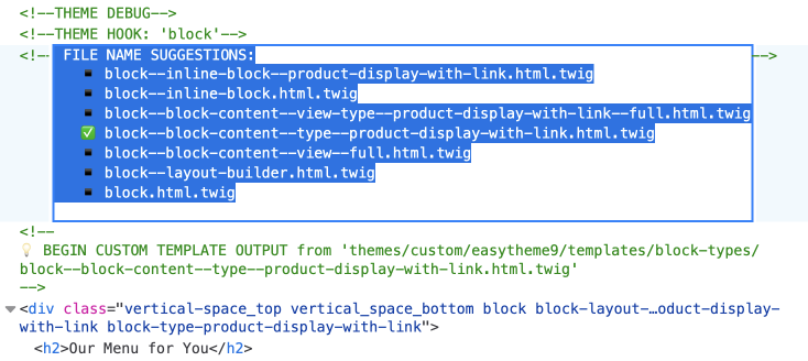 them debug showing block content template using custom template