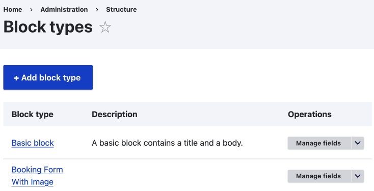 block types UI with add block type button