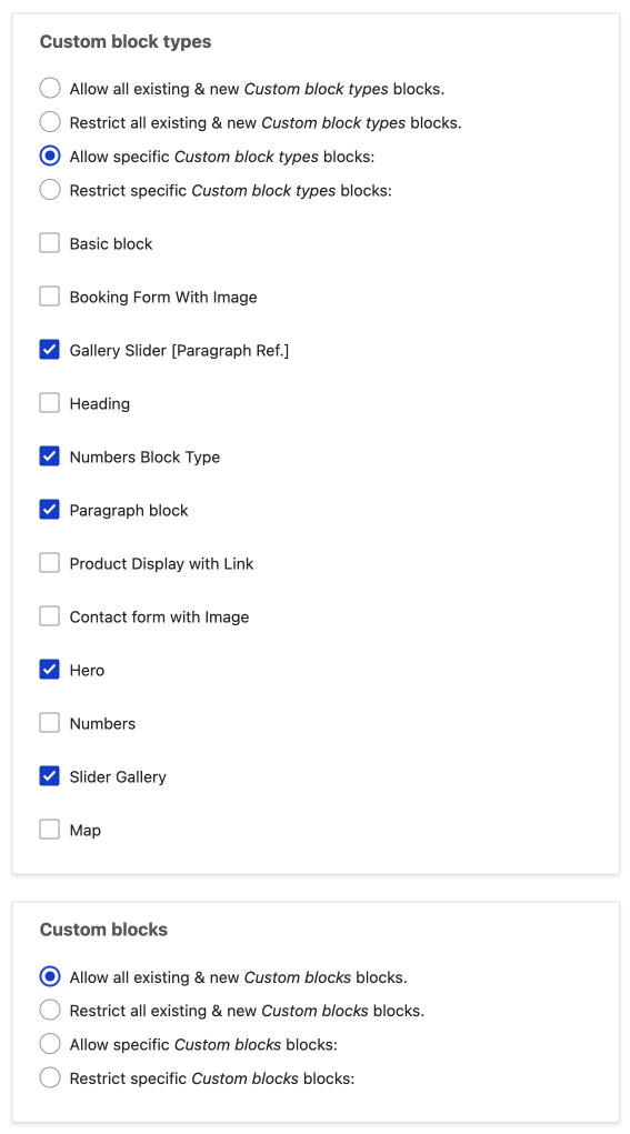 custom block types restrictions