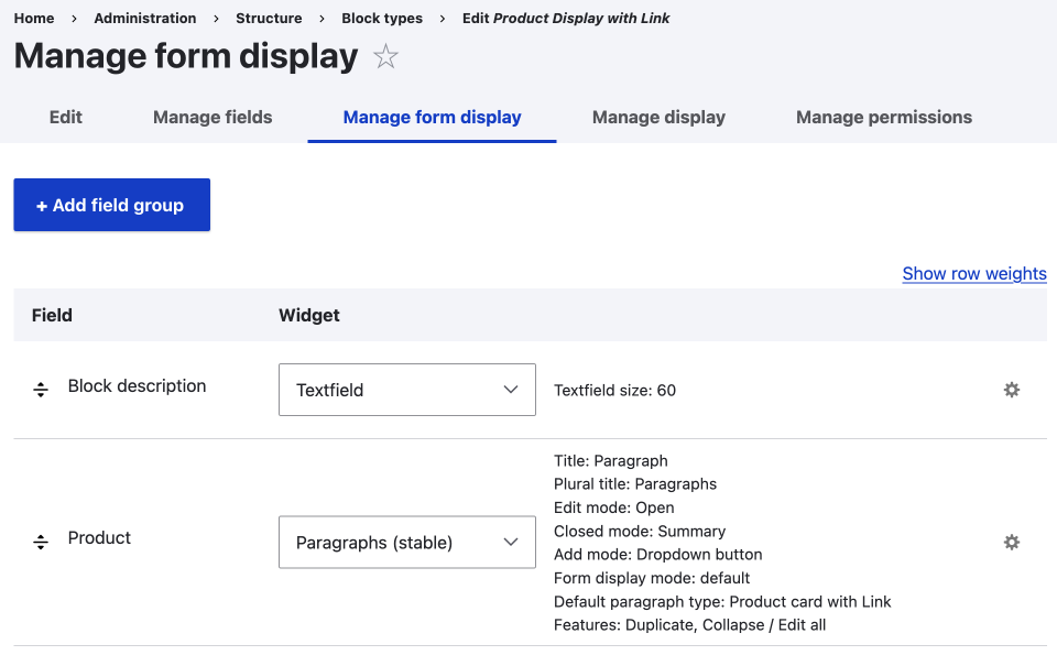 manage form display UI for a block type